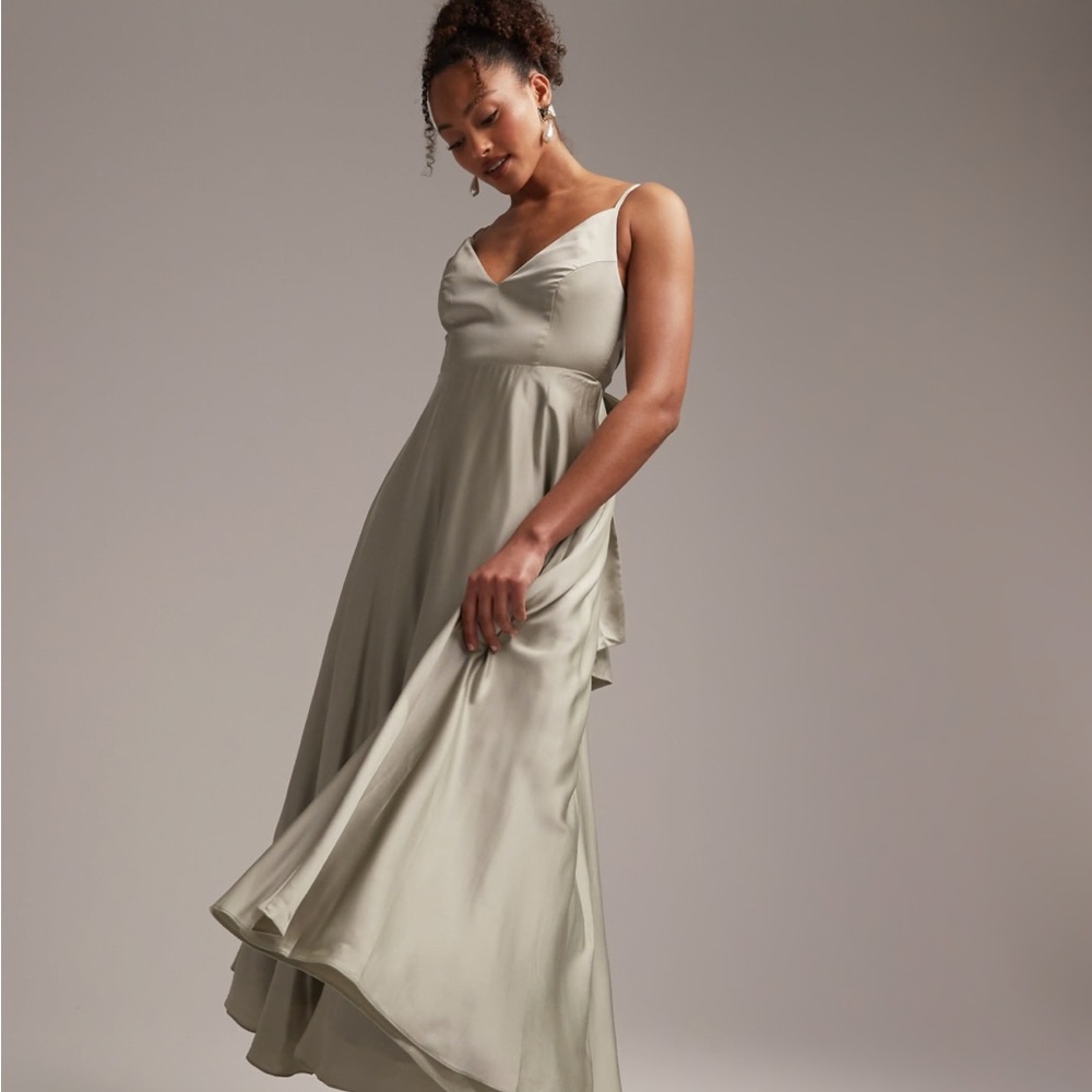 Never worn sage green Satin Dress with bow tie back